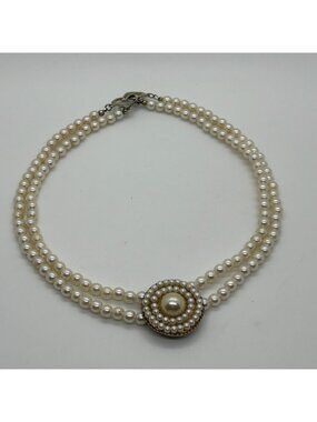 Vintage Faux Pearl Choker Double Strand Acrylic Necklace With Pendant Prom Forma